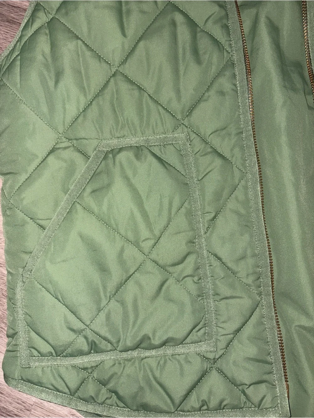 J.Crew Quilted Puffer Vest in olive green, size Large.